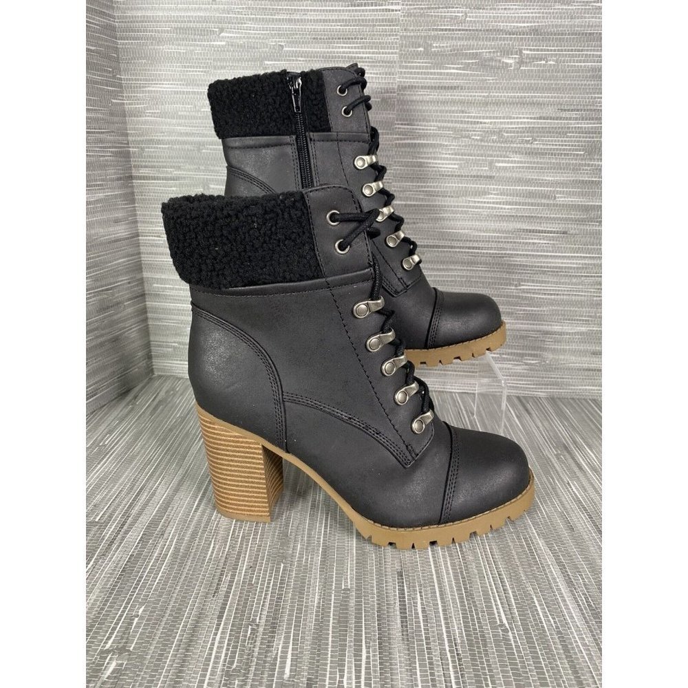 Sugar Womens Rory Ankle Booties Black Cap Toe Side Zip Lace Up Block Heels Sz 9M